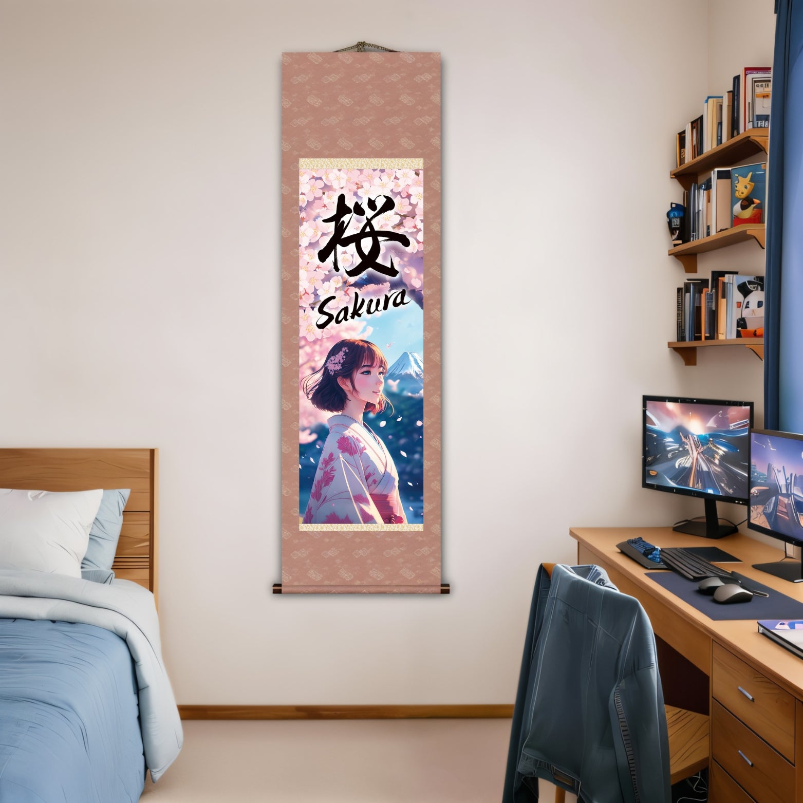 Japanese Anime Sakura Kakemono Wall Scroll – Kimono Woman with Mount Fuji